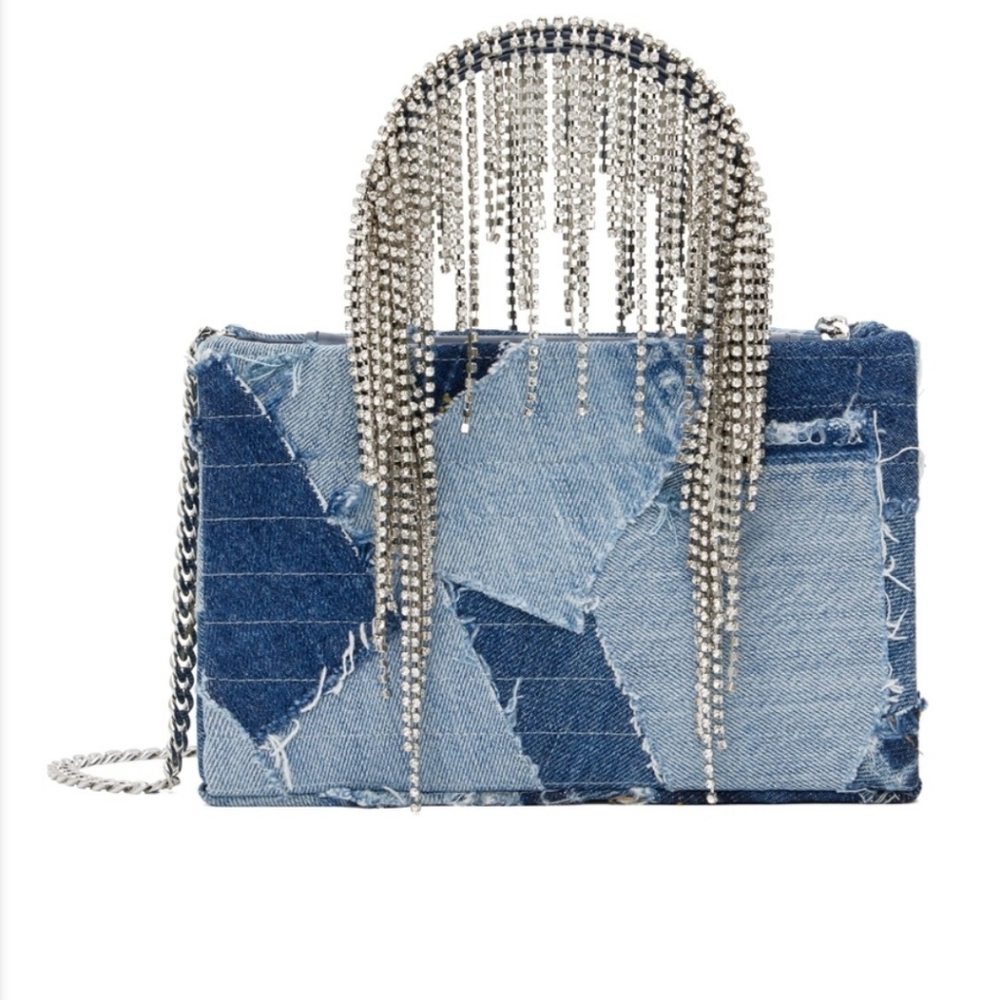 KARA Exclusive Blue Denim Crystal Fringe Shoulder Bag